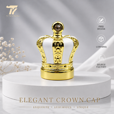 comprar Capuz de perfume de coroa, tampa de zamac de pedra, tampa de perfume de ouro branco, embalagem de perfume de esmalte de dois tons, capuz de perfume de metal com logotipo personalizado, fábrica de capuz de perfume por atacado Fabricação em linha