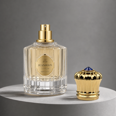 comprar Venda por atacado de garrafas de perfumes de forma de botões de ouro com bordas de alto brilho com tampa de garrafa de perfume com borracha azul cima de Zamac pesado fechamento OEM logotipo de gravura personalizado Oriente Médio Luxury Oud embalagem de fragrâncias Fabricação em linha