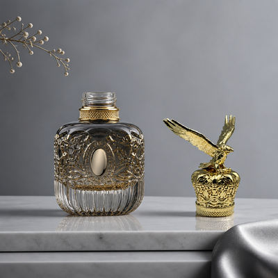 comprar Luxo 3D Spread Wings Águia Zamac Cap Perfume Revestido de Ouro Rebocado Base Real Coroa Esculpida Animal Fragrância Coberta de Zinco Ligação Metálico Capuz de garrafa de perfume Logotipo personalizado FEA15 Para garrafa de perfume Fabricação em linha