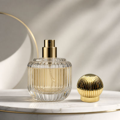 Comprar Atacado de alto brilho dourado listrado com nervuras bola de abóbora tampa de frasco de perfume linha vertical fechamento esférico Zamac OEM personalizado gravar logotipo embalagem de fragrância de luxo no Oriente Médio Fabricação em linha