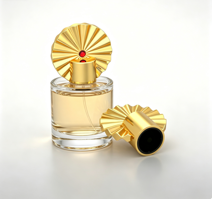 Comprar Garrafa de perfume de luxo em forma de ventoinha Zamac com tampa de garrafa de fragrância de cristal vermelho revestido de ouro Fabricação em linha