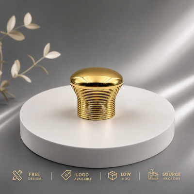 comprar Tampa de Perfume de Liga de Zinco Dourada em Forma de Cogumelo com Ranhuras Horizontais e Rosca Personalizada de Fábrica, Modelo JHS027 OEM ODM Tampa de Perfume Zamac com Logotipo Gravado Personalizado para Garrafa de Perfume de Vidro de Luxo Magnética Fabricação em linha