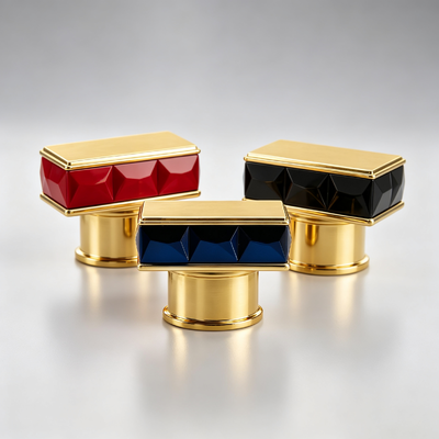 Comprar Luxury Horizontal Rectangular Top Zinc Alloy Cap Perfume Faceted Color Inlay Gold Plated Frame Zamac Perfume Bottle Lid Custom Logo OEM ODM Fabricação em linha