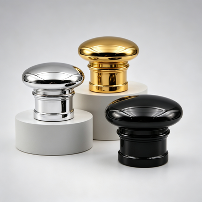 Comprar Tampa de Perfume de Liga de Zinco FEA15 com Topo em Domo de Cogumelo, Corpo Cilíndrico em Camadas, Tampa de Garrafa de Perfume de Metal Galvanizado com Logotipo Personalizado OEM ODM Fabricação em linha