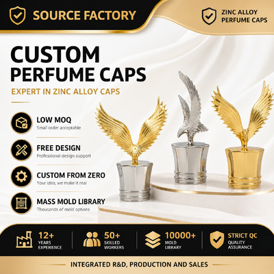 Capa de garrafa de perfume Zamac de forma de águia personalizada Capa de perfume de liga de zinco de luxo Capa de perfume de parafuso, capacetes de garrafa de cosméticos de metal personalizados Fábrica de atacado