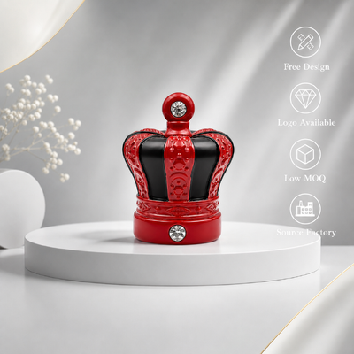 Oriente Médio Luxo Bicolor Vermelho Coroa Preta Capa de Perfume de Liga de Zinco Incorporada Cristal Rhinestone Zamac Bottle Cover Custom Mold Logotipo Fabricante Para Perfume Árabe Oud