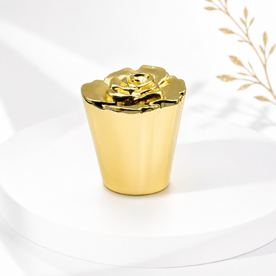 Fábrica Logotipo personalizado Espelho polido 3D Flor de Rosa Zamac Cap Perfume Brilhante de ouro liga de zinco Cone cônico tampa floral compatível FEA15 Vidro Mulheres Oud garrafas de perfume