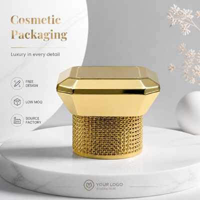 Tampa de perfume de liga de zinco com corte octogonal de ouro brilhante, base serrilhada de diamante, tampa de fragrância de metal personalizada, modelo JH5046 para designer de luxo, frasco de perfume de vidro vazio