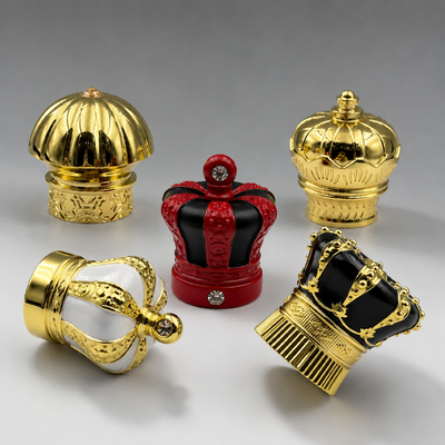 Tampa de perfume de liga de zinco com coroa 3D esmaltada pintada com strass e decoração de metal, aceita logotipo personalizado