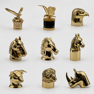 Escultura de animais 3D dourada de luxo Zamac Capuz de perfume, Águia Cavalo Leão Touro Rinoceronte Cabeça de animal Ferradura de perfume de metal Logotipo personalizado para homens árabes Garrafas de perfume