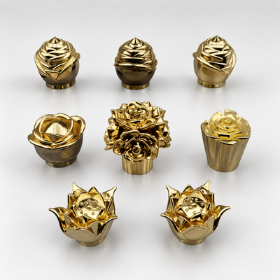 Tampa de Perfume de Zamac com Flor 3D Banhada a Ouro de Luxo, Escultura de Flor de Lótus Rosa Fecho de Metal para Perfume com Logotipo Personalizado para Garrafas de Perfume de Luxo Feminino