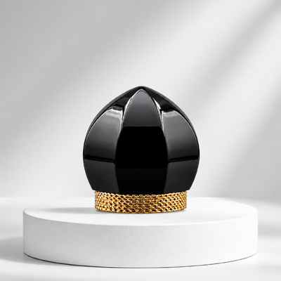 Tampa de Perfume Lótus Preto Brilhante Zamac com Base de Malha Dourada Tampa de Garrafa de Fragrância de Metal de Luxo com Logotipo Personalizado