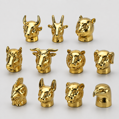 Tampa de Perfume com Escultura de Cabeça de Animal em Zamac Liga de Zinco Metal Banhado a Ouro Tampa de Garrafa de Fragrância Logotipo Personalizado Serve para Gargalo FEA de 15mm
