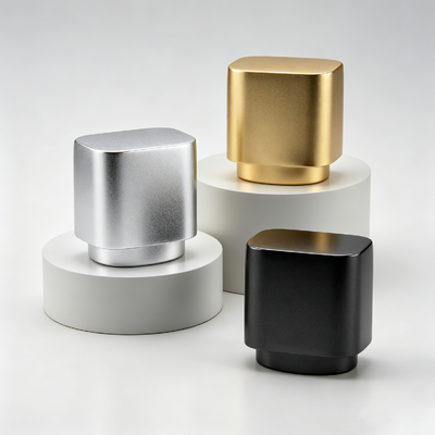 Luxury Bulky Rounded Square Zinc Alloy Cap Perfume Matte Brushed Finish Short Step-Down Base Zamac Perfume Bottle Lid Multi-Tone Custom Logo OEM ODM