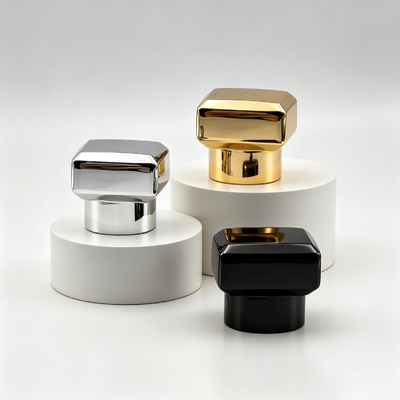 Luxury Multi-facetado octogonal de liga de zinco Cap Perfume em relevo de malha Padrão Base Zamac Perfume Bottle Lid Multicolor Mirror Electroplating Custom Logo OEM ODM