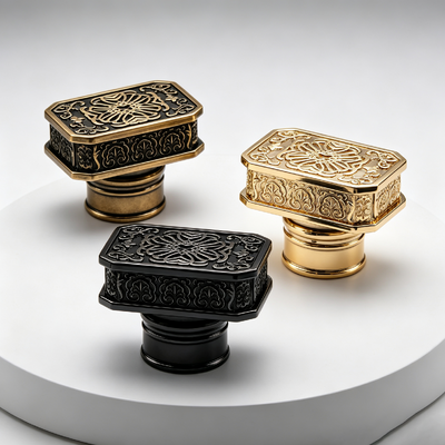 Tampa de Perfume de Liga de Zinco com Gravação Floral Ornamentada Horizontal Retangular Octogonal Zamac Tampa de Garrafa de Perfume Dourado Antigo Preto Multicor Logotipo Personalizado OEM ODM