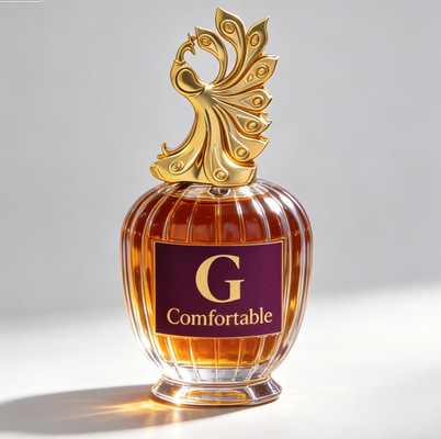 Garrafa de Perfume de Vidro Transparente com Nervuras Verticais de Luxo com Tampa de Zamac em Forma de Pavão Dourado, Frasco de Spray de Fragrância Vazio Oval, Recipiente de Perfume de Vidro com Logotipo Personalizado para Embalagem de Perfume de Alta Qualidade